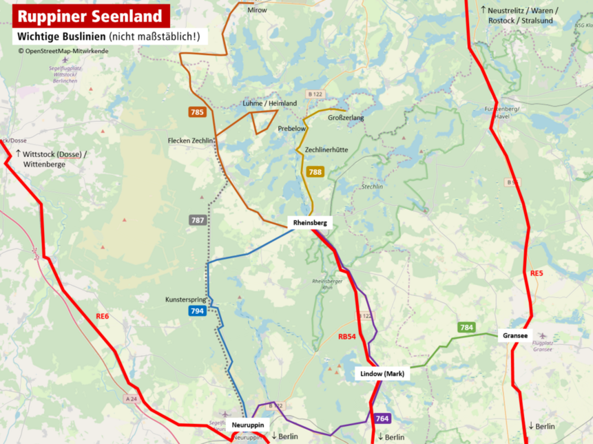 Schematische Darstellung Buslinien im Ruppiner Seenland