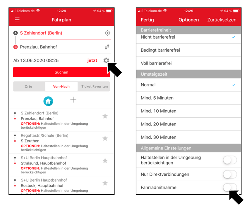 VBB-App: Einstellung zur Fahrradmitnahme