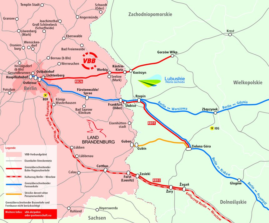 Karte mit den Strecken des Schienenpersonennahverkehrs im Projektgebiet Deutschland und Polen 