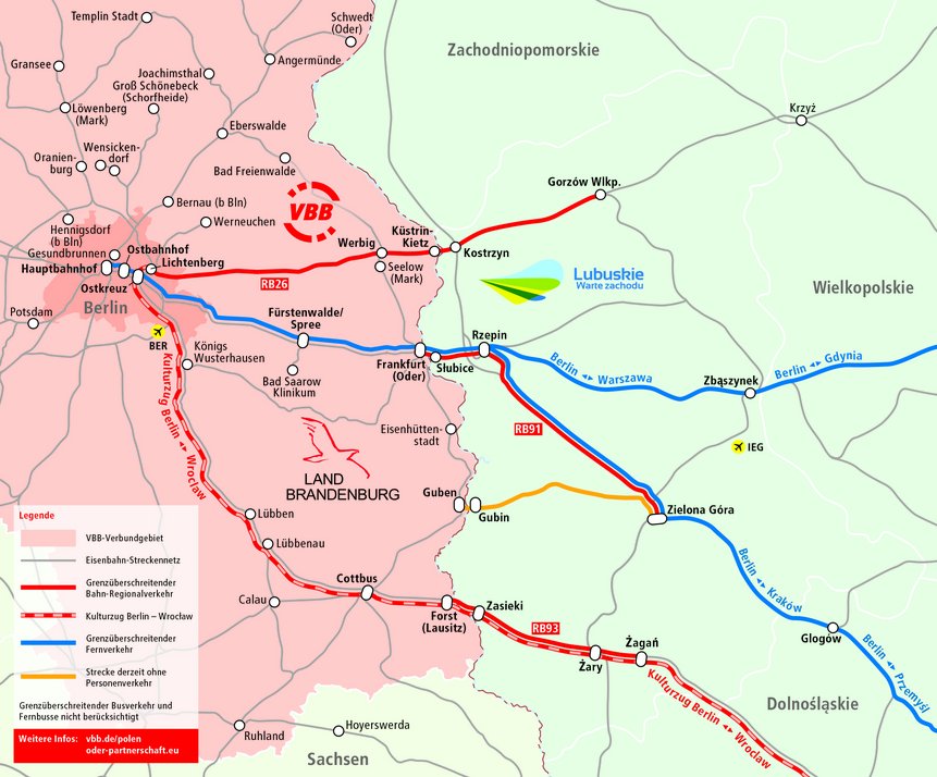 Karte mit den Strecken des Schienenpersonennahverkehrs im Projektgebiet Deutschland und Polen 