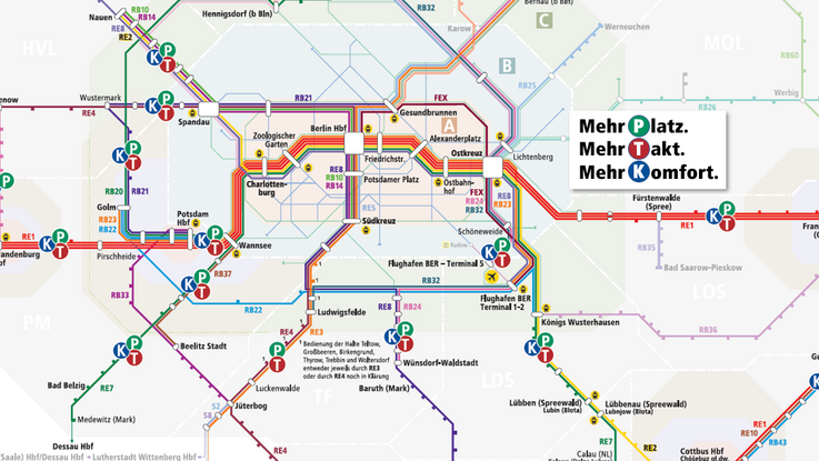 Die Grafik zeigt einen Ausschnitt aus dem neuen Bahn-Liniennetz.