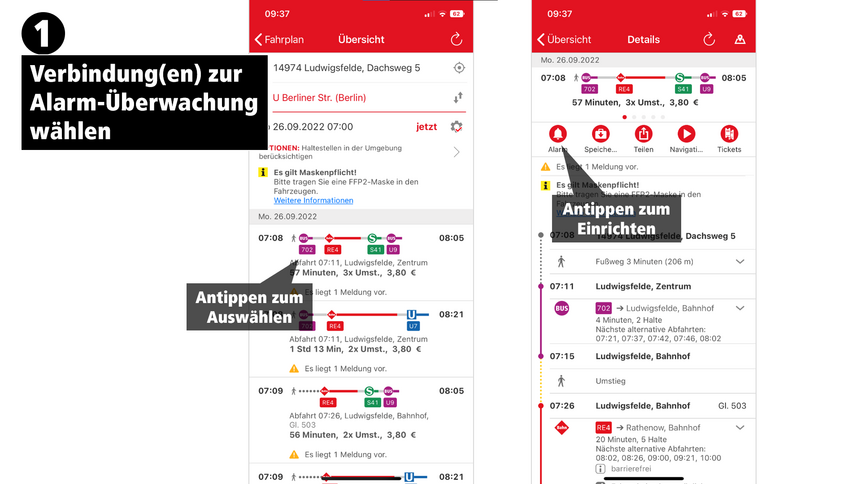 Die Grafik zeigt, wie man sich in der VBB-App einen Verspätungsalarm einrichten kann.