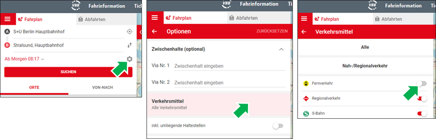 Die Grafik zeigt, wie man in der VBB-Fahrplanauskunft die Fernzüge von der Verbindungssuche ausschließt