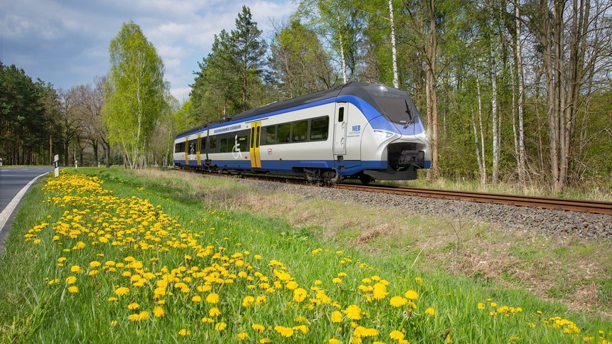 Fotosimulation vom Zug Mireo Plus B mit Landschaft im Hintergrund