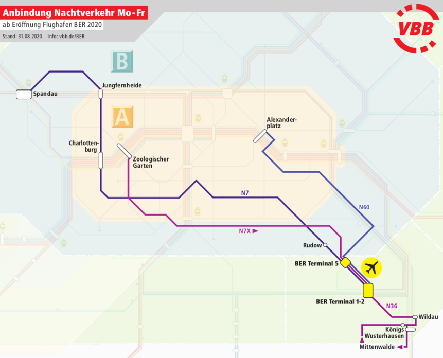 Liniennetz der BER-Anbindung im Nachtverkehr Sonntag zu Montag bis Donnerstag zu Freitag - ab 31.10.2020