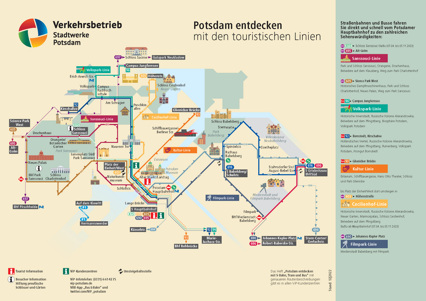 Liniennetz mit Verbindungen zu touristischen Zielen im Stadtgebiet Potsdam