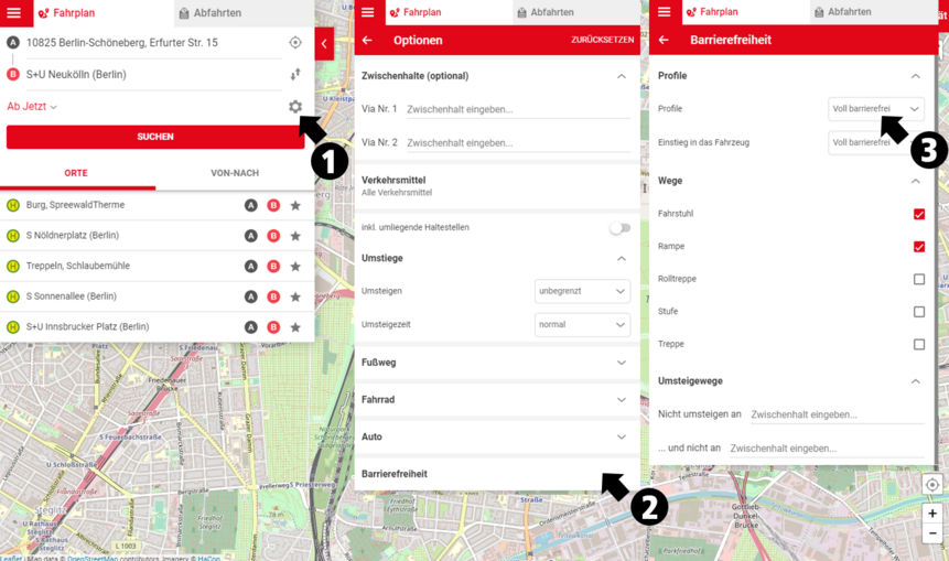 VBB-Fahrinfo - Barrierefreie Optionen