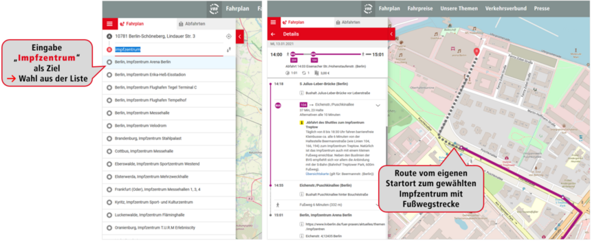 VBB-Fahrinfo kennt den Weg zum Impfzentrum VBB-Fahrinfo kennt den Weg zum Impfzentrum