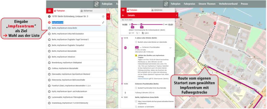 VBB-Fahrinfo kennt den Weg zum Impfzentrum