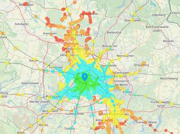 Das Bild zeigt die VBB-Fahrplanauskunft mit eingefärbten Gebieten, je nach Fahrtdauer vom Ausgangspunkt.