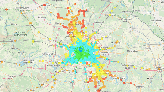 Das Bild zeigt die VBB-Fahrplanauskunft mit eingefärbten Gebieten, je nach Fahrtdauer vom Ausgangspunkt.