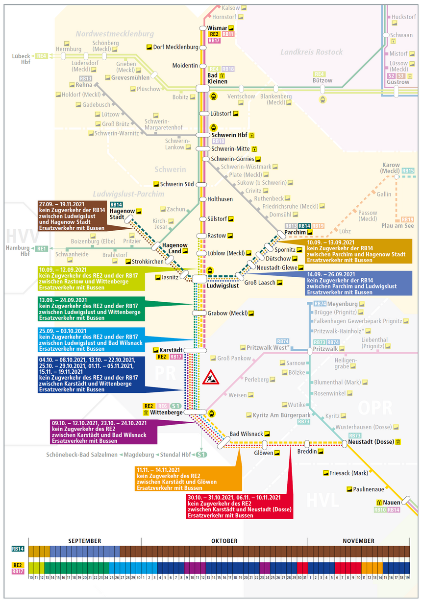 Liniennetz-Ausschnitt zur Baustelle RE2, RB14, RB17 Liniennetz-Ausschnitt zur Baustelle RE2, RB14, RB17 mit grafischer Darstellung der Bauabschnitte