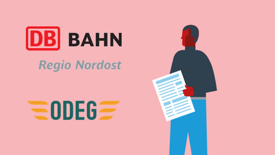 Das Bild zeigt die Logos von Deutscher Bahn und ODEG in einer Illustration mit einer Person und einer Zeitung in der Hand.