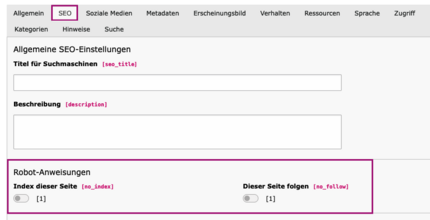 Zusätzlich Seite nicht indexieren und suchbar einstellen