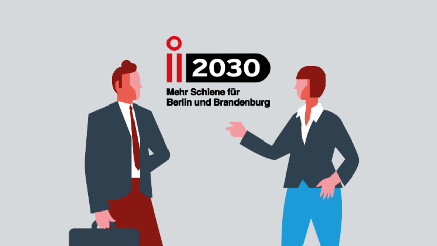 Silhouetten zweier Personen mit dem i2030-Logo