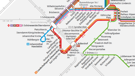 Ausschnitt aus dem Liniennetz Tram in Adlershof ab 31.10.2021