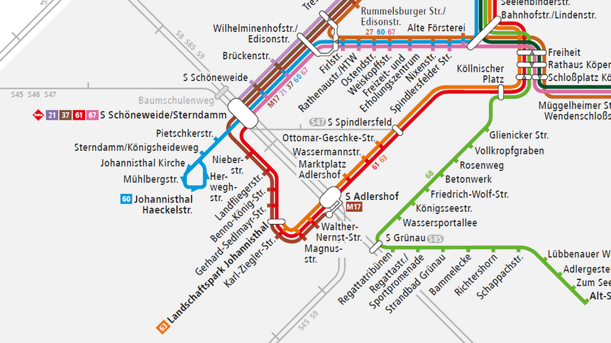 Ausschnitt aus dem Liniennetz Tram in Adlershof ab 31.10.2021