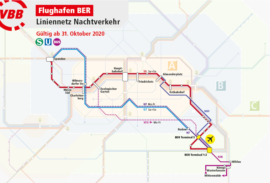 Liniennetz S-Bahn, U-Bahn, Bus zwischen BER und Berlin sowie dem Umland (in der Nacht)