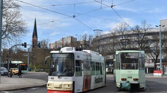 Das Bild zeigt zwei Straßenbahnen und einen Bus im Stadtzentrum von Frankfurt (Oder).
