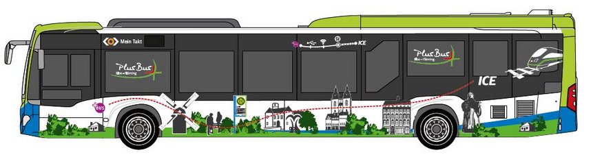 Silhouette der Außengestaltung des PlusBus Elbe-Fläming mit regionalen Sehenswürdigkeiten.