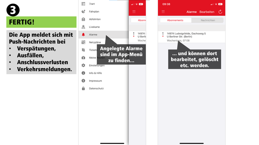 Die Grafik zeigt, wie man sich in der VBB-App einen Verspätungsalarm einrichten kann.