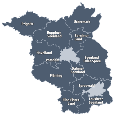 Darstellung des Landes Brandenburg mit seinen 12 Reiseregionen