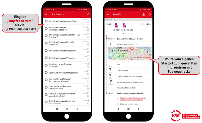 VBB-Fahrinfo kennt den Weg zum Impfzentrum VBB-Fahrinfo kennt den Weg zum Impfzentrum