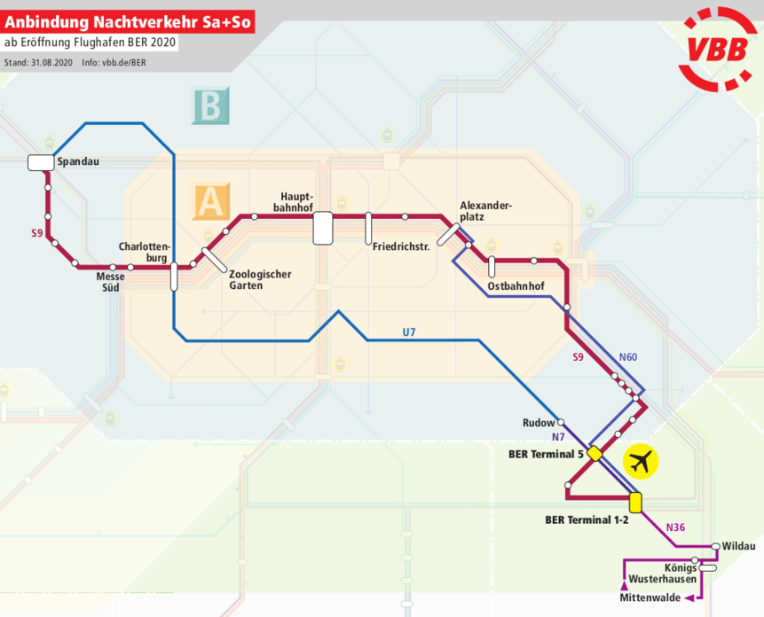 Liniennetz der BER-Anbindung im Nachtverkehr zu Samstag, zu Sonntag und vor Feiertagen - ab 31.10.2020