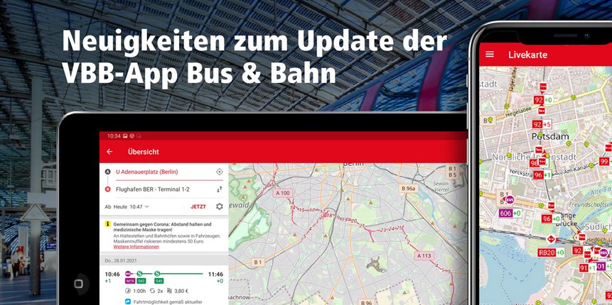 Abbildung Livekarte auf Tablet und Mobiltelefon - Neuigkeiten zum Update der VBB-App Bus & Bahn