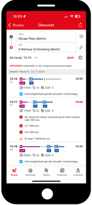 Die Grafik zeigt einen Screenshot aus der VBB-App Bus&Bahn, auf der Fahrtausfälle und eine alternativ berechnete Fahrverbindung dargestellt werden.