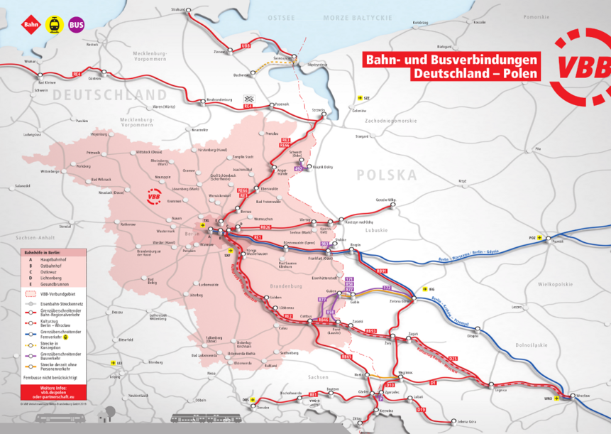 Karte Bahn- und Busverbindungen Deutschland - Polen Karte Bahn- und Busverbindungen Deutschland - Polen