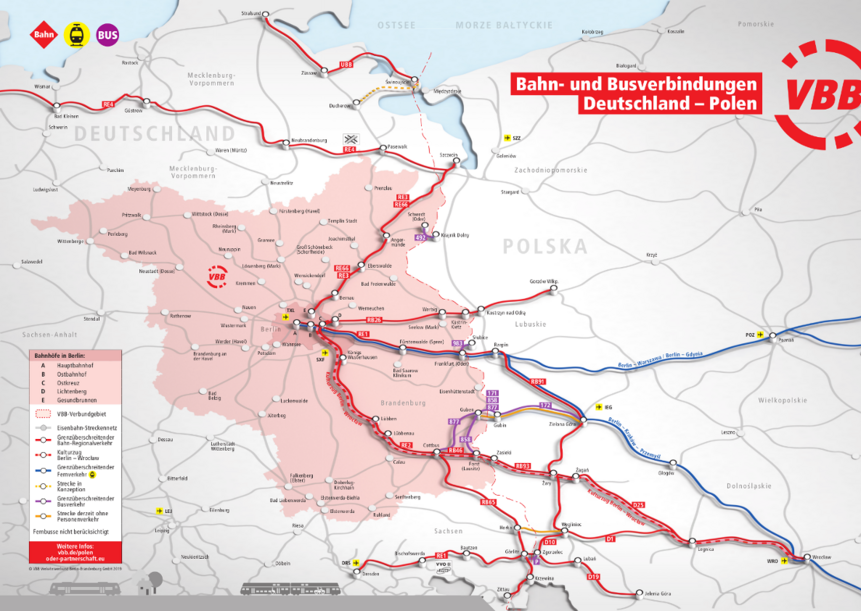 Karte Bahn- und Busverbindungen Deutschland - Polen