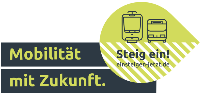 Mobilität mit Zukunft Mobilität mit Zukunft, Grafik Bus und Bahn "Steig ein" mit Verweis auf die Website einsteigen-jetzt.de