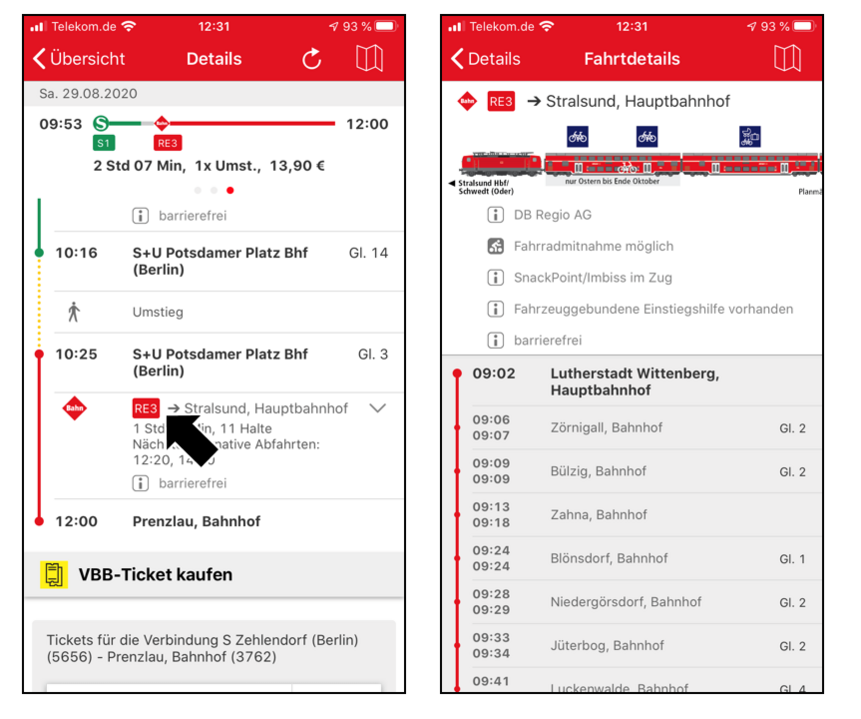 VBB-App: Skizze vom geplanten Zug mit Darstellung der Mehrzweckbereiche