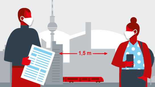 Zeichnung mit zwei Personen, die im Abstand zueinander stehen und einen Mund-Nasen-Schutz tragen