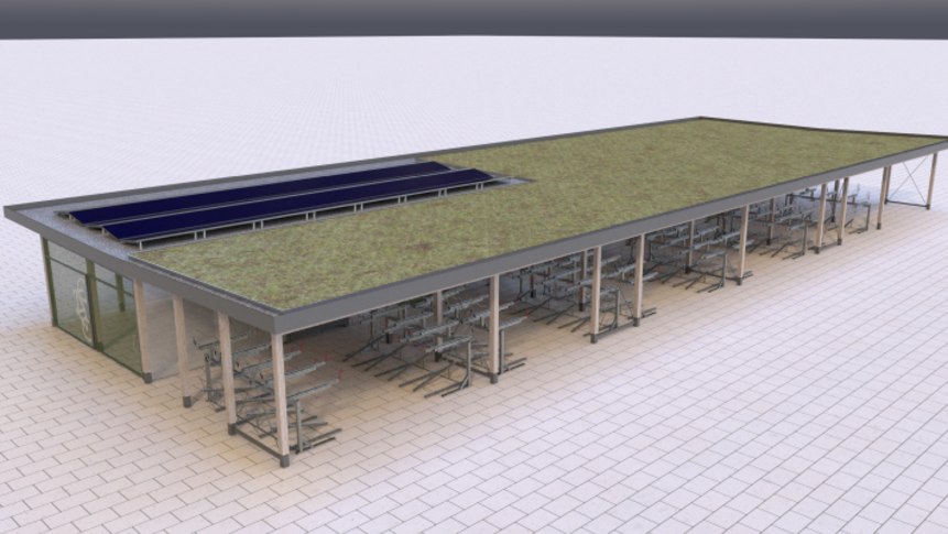 Die Illustration zeigt ein modulares Fahrradparkhaus.