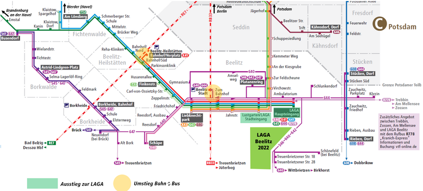 Schematische Darstellung der Bus- und Bahnlinien nach Beelitz