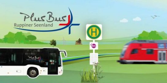 Schriftzug Plus Bus mit Silhouetten ÖPNV im Ruppiner Seeland