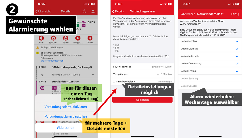Die Grafik zeigt, wie man sich in der VBB-App einen Verspätungsalarm einrichten kann.
