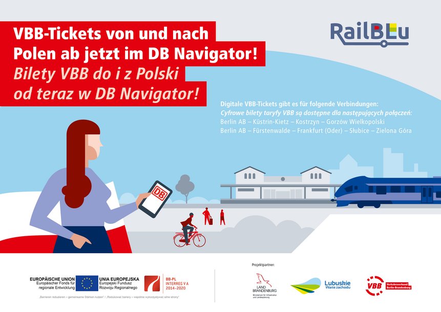 Plakat für den digitalen Vertrieb der VBB-Fahrscheine von und nach Polen im DB Navigator. Partnerlogos und sowie Logos der Europäischen Union, Förderinitiative INTERREG sowie Projektpartner (MIL, Wojewodschaft Lubuskie und VBB).