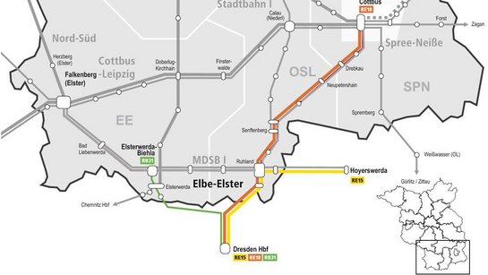 Die Grafik zeigt einen Liniennetzausschnitt mit den Linien des Elektronetzes Oberelbe.