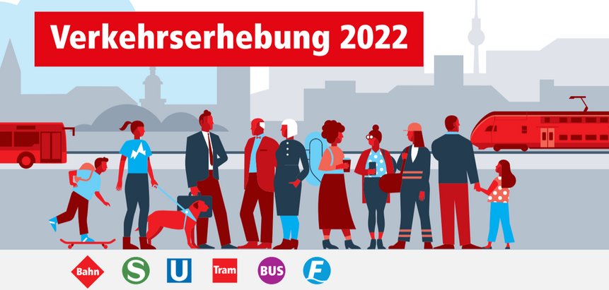 Verkehrserhebung 2022 Silhouetten vieler verschiedener Menschen, von groß bis klein. Im Hintergrund eine Großstadt und Verkehrsmittel