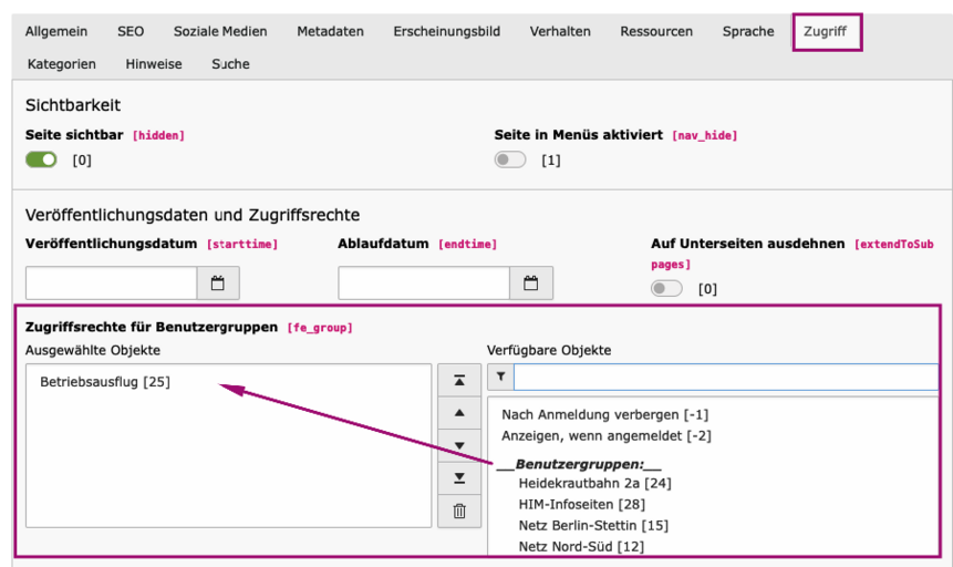 Zugriff einer Seite beschränkten