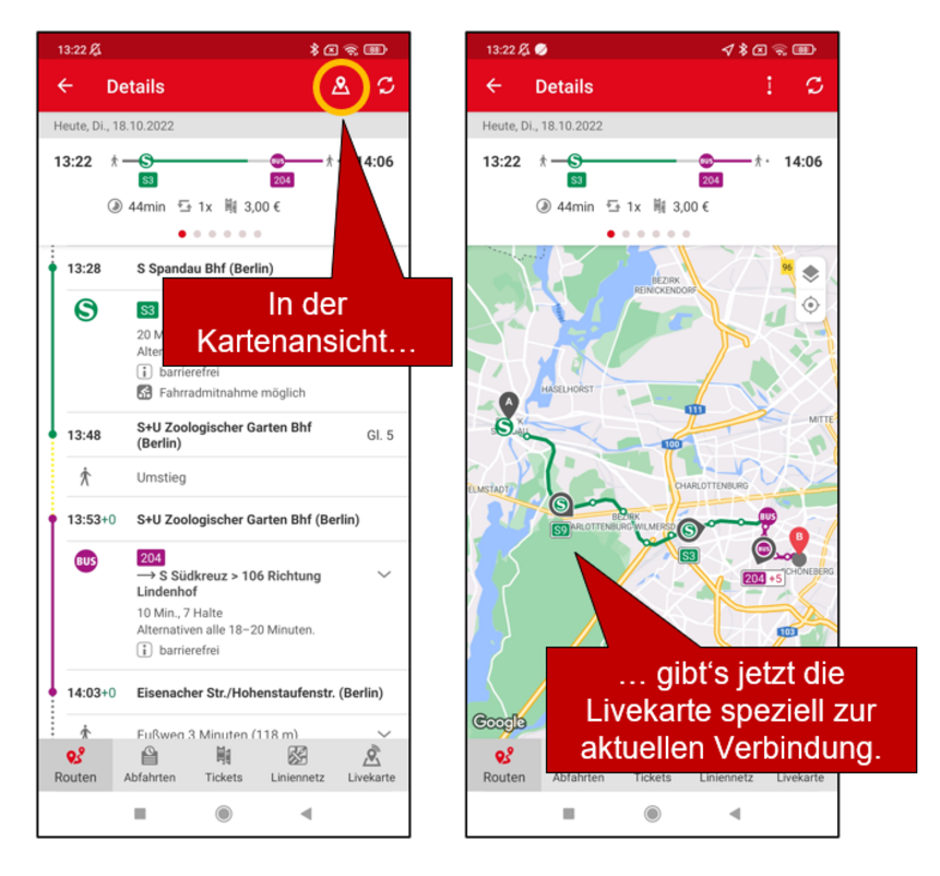 Livefahrplan zur aktuellen Verbindung Die Grafik zeigt einen Screenshot aus der VBB-App Bus&Bahn.