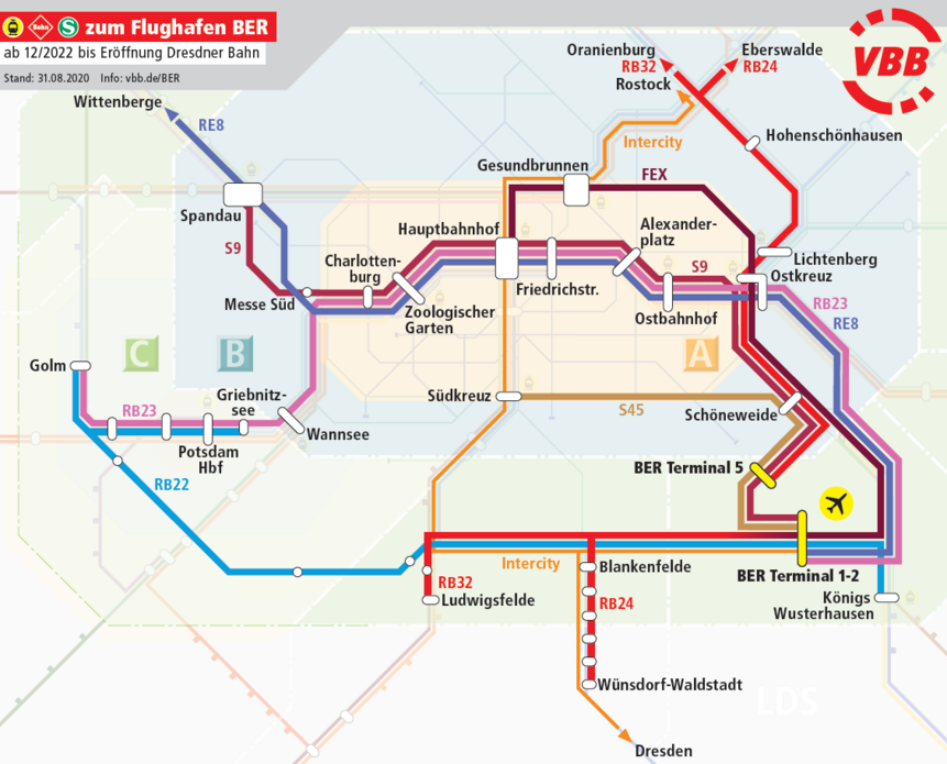BER-Anbindung im Bahnverkehr ab Dezember 2022 bis zur Eröffnung der Dresdner Bahn in Berlin