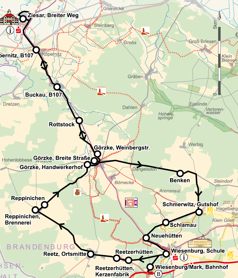 Das Bild zeigt die Bus-Linienführung in einer Karte zur Veranstaltung 48 Stunden Fläming