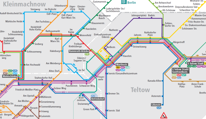 Liniennetz-Ausschnitt rund um die Teltower Rammrath-Brücke Busliniennetz-Ausschnitt rund um die Teltower Rammrath-Brücke