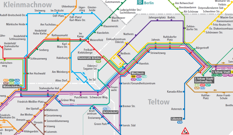 Busliniennetz-Ausschnitt rund um die Teltower Rammrath-Brücke