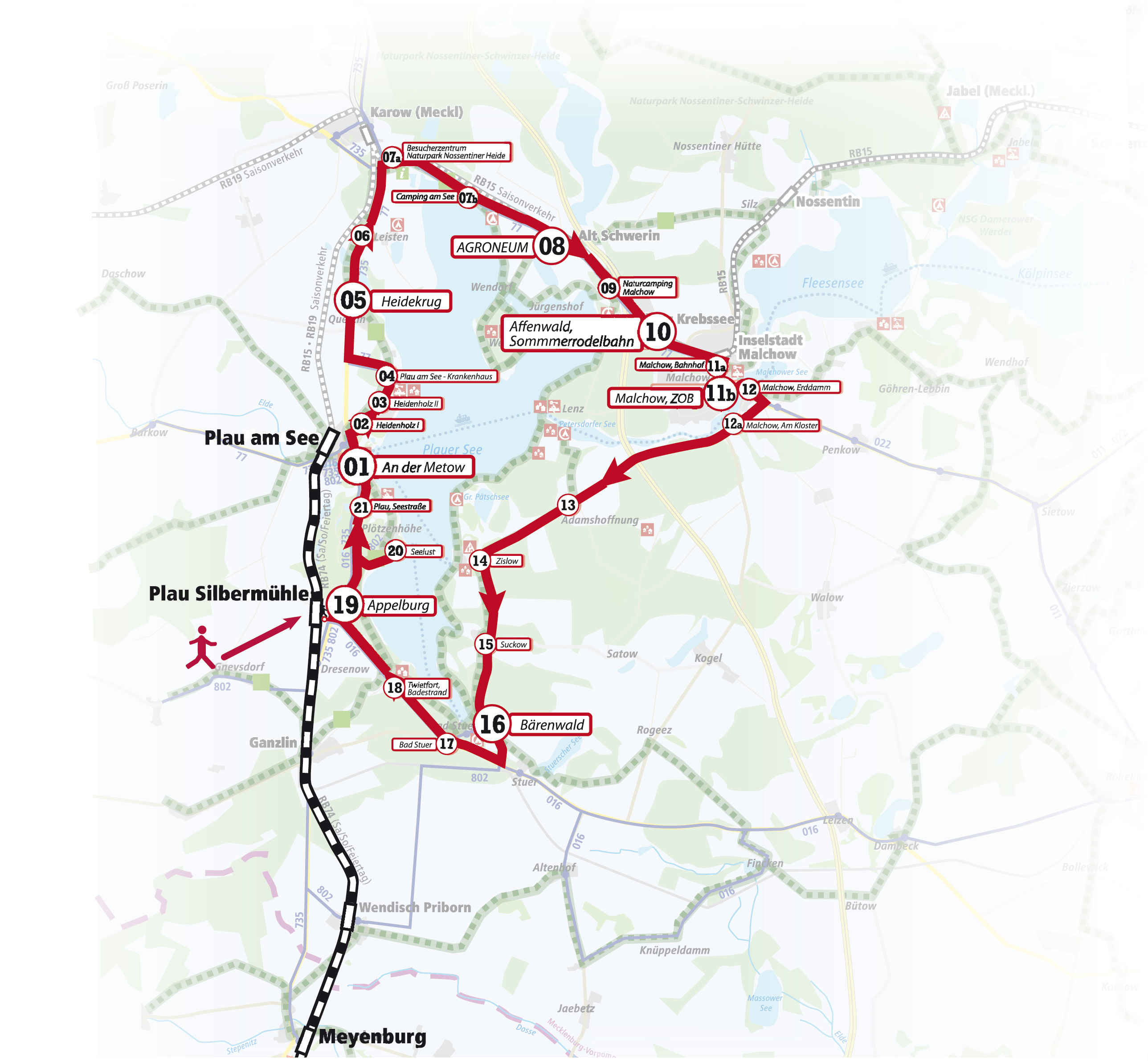 schematische Linienübersicht der Bahn- und Buslinien am Plauer See 2021
