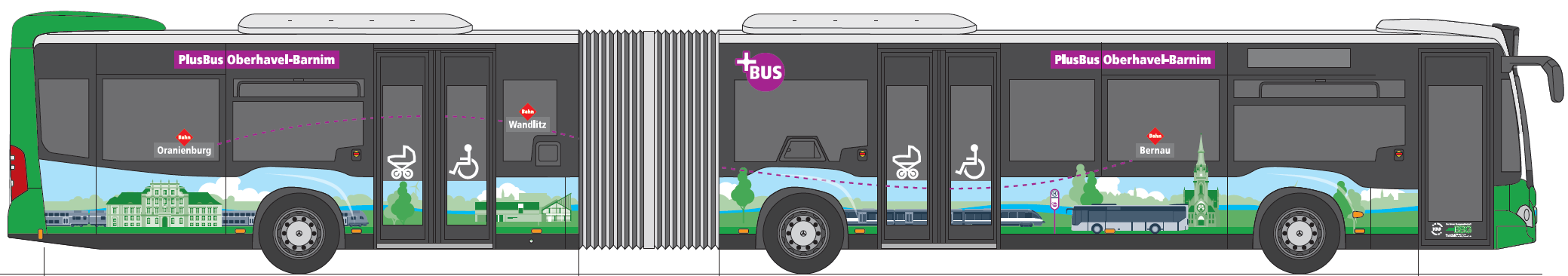 Abbildung zeigt beklebten Bus mit regionalen Motiven